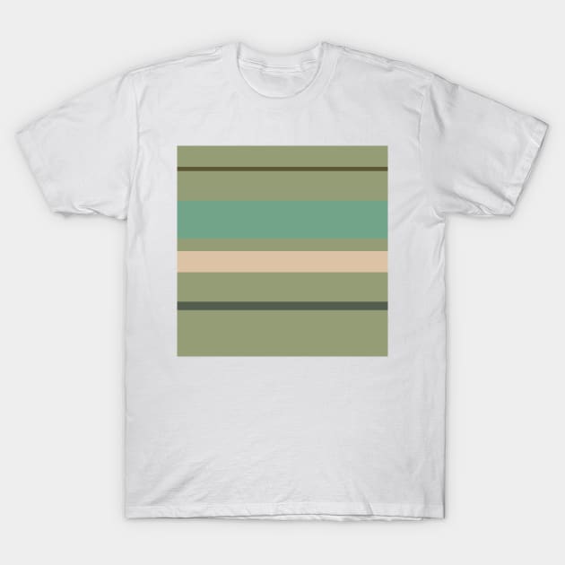 A gorgeous harmony of Camo Green, Beige, Grey/Green, Greyish Teal and Gunmetal stripes. T-Shirt by Sociable Stripes